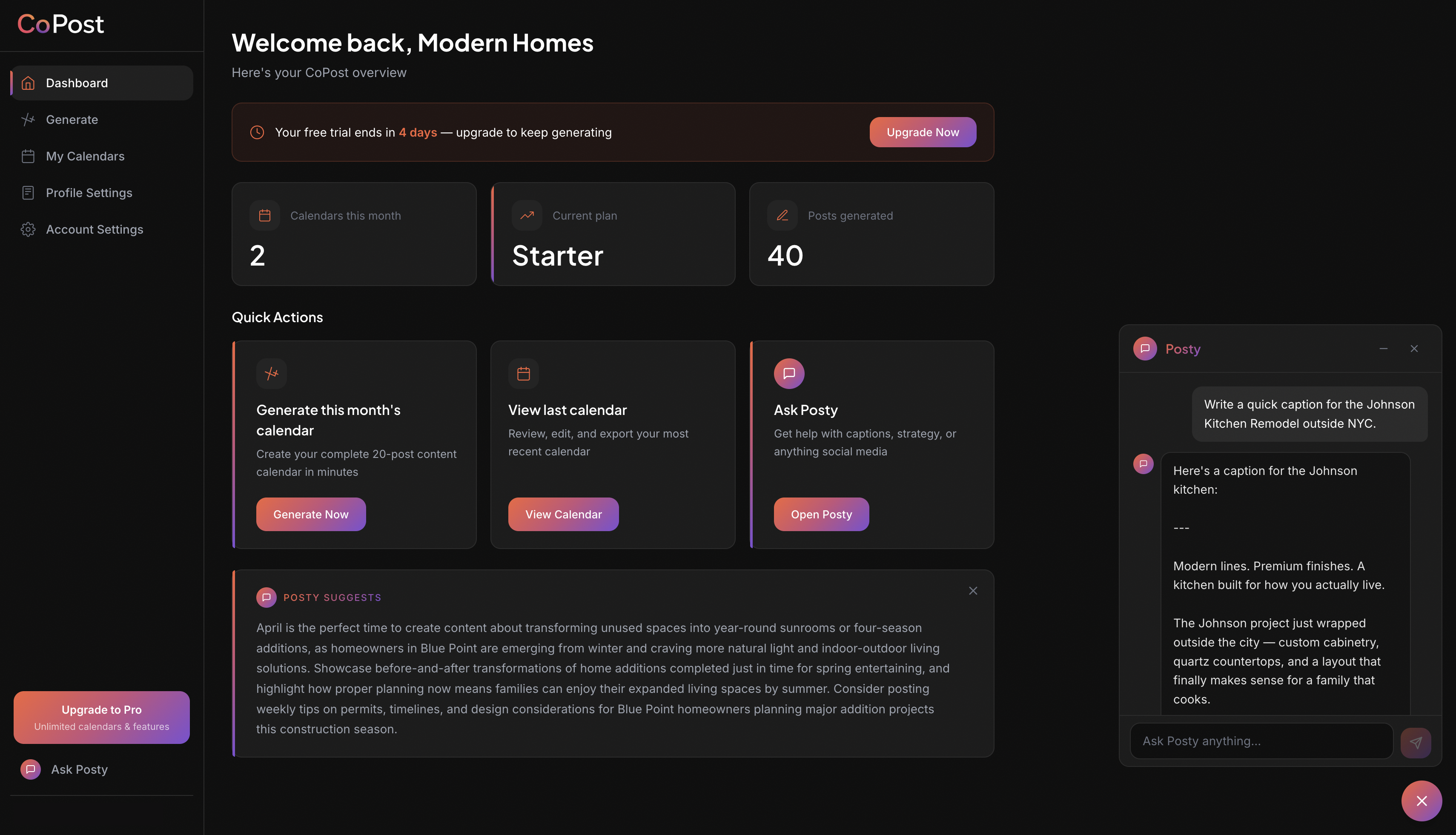 CoPost Dashboard — AI-powered content calendar for home improvement businesses